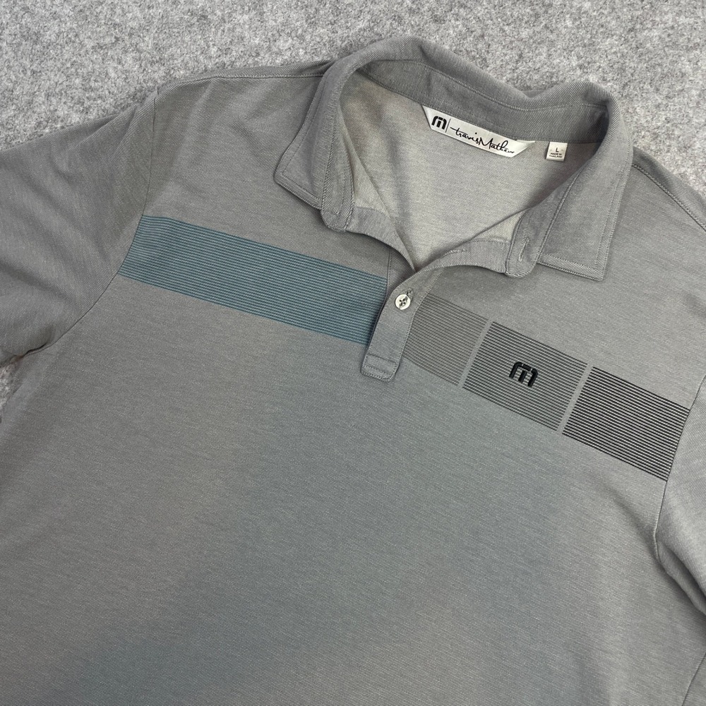 Travis Mathew Mens Polo Shirt L Gray Solid with stripes Cotton Short Sleeve Golf